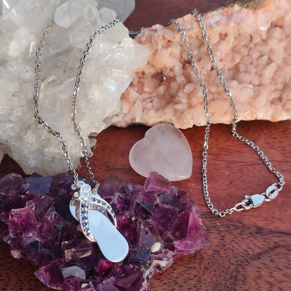 ✨14k White Gold Flip Flop Pendant with Diamond Flower and Blue Sapphires✨ - Picture 2 of 3